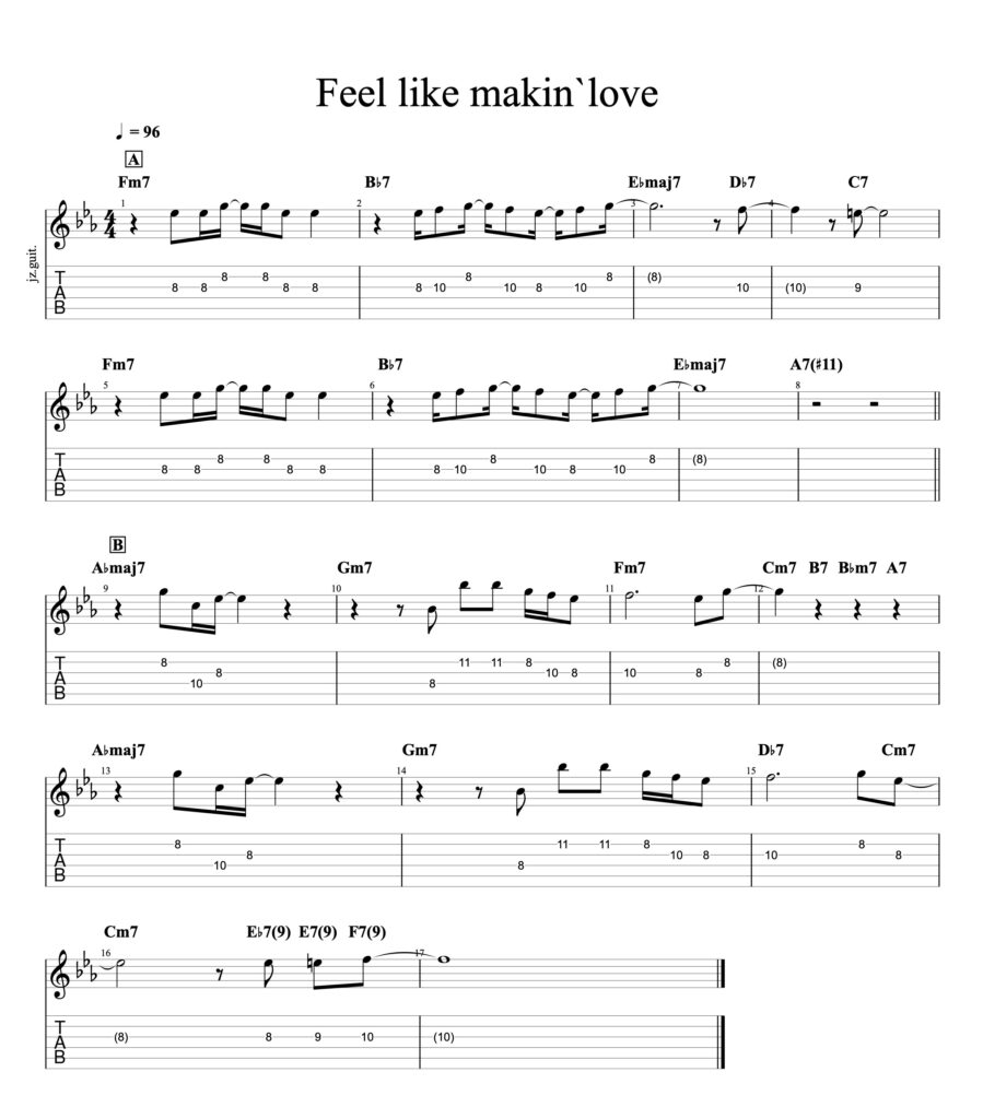 Feel Like Makin' Loveのテーマを記載したギター用TAB譜と五線譜