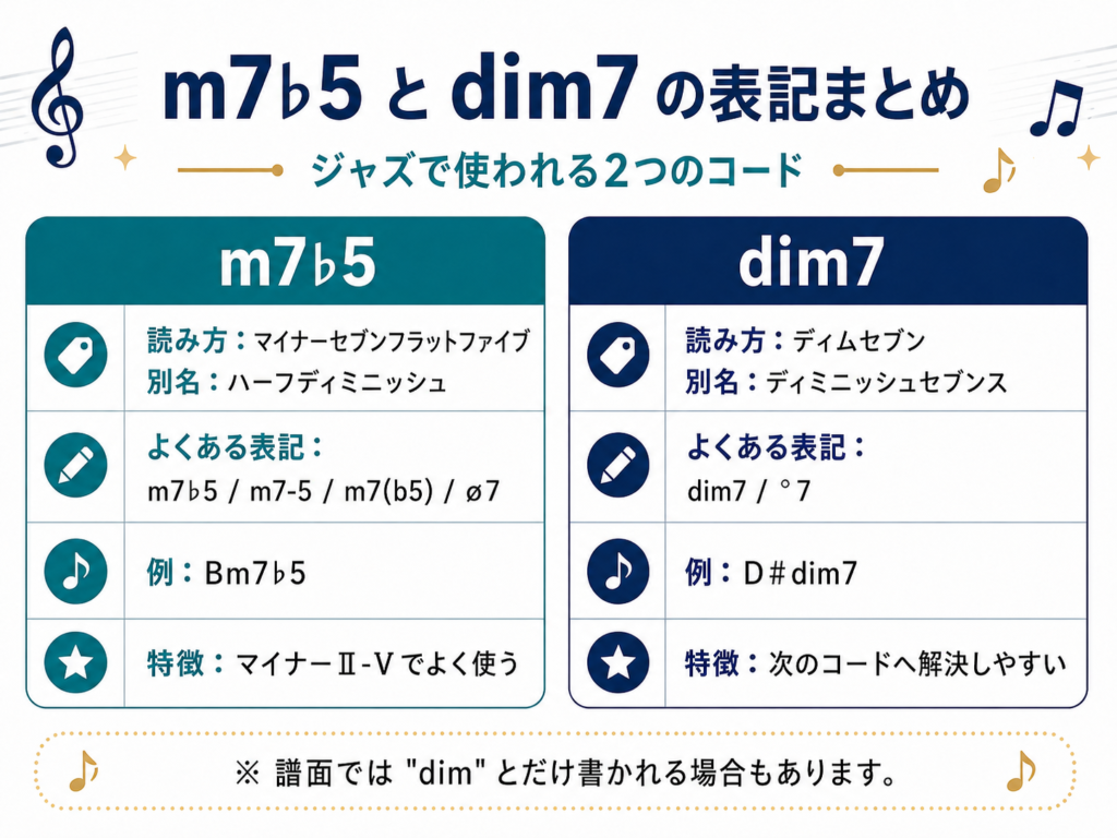 m7♭5(ハーフディミニッシュ)とdim7の表記・読み方・特徴の違い