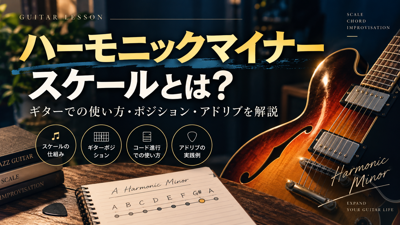 ハーモニックマイナースケールのギターでの使い方・ポジション・アドリブを解説するアイキャッチ画像